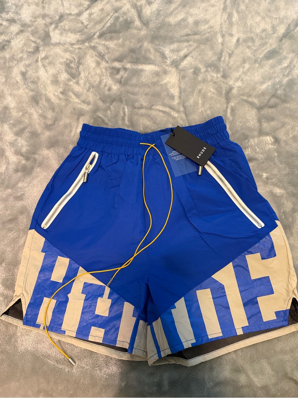 Rhude Blue and Beige Logo Athletic Shorts